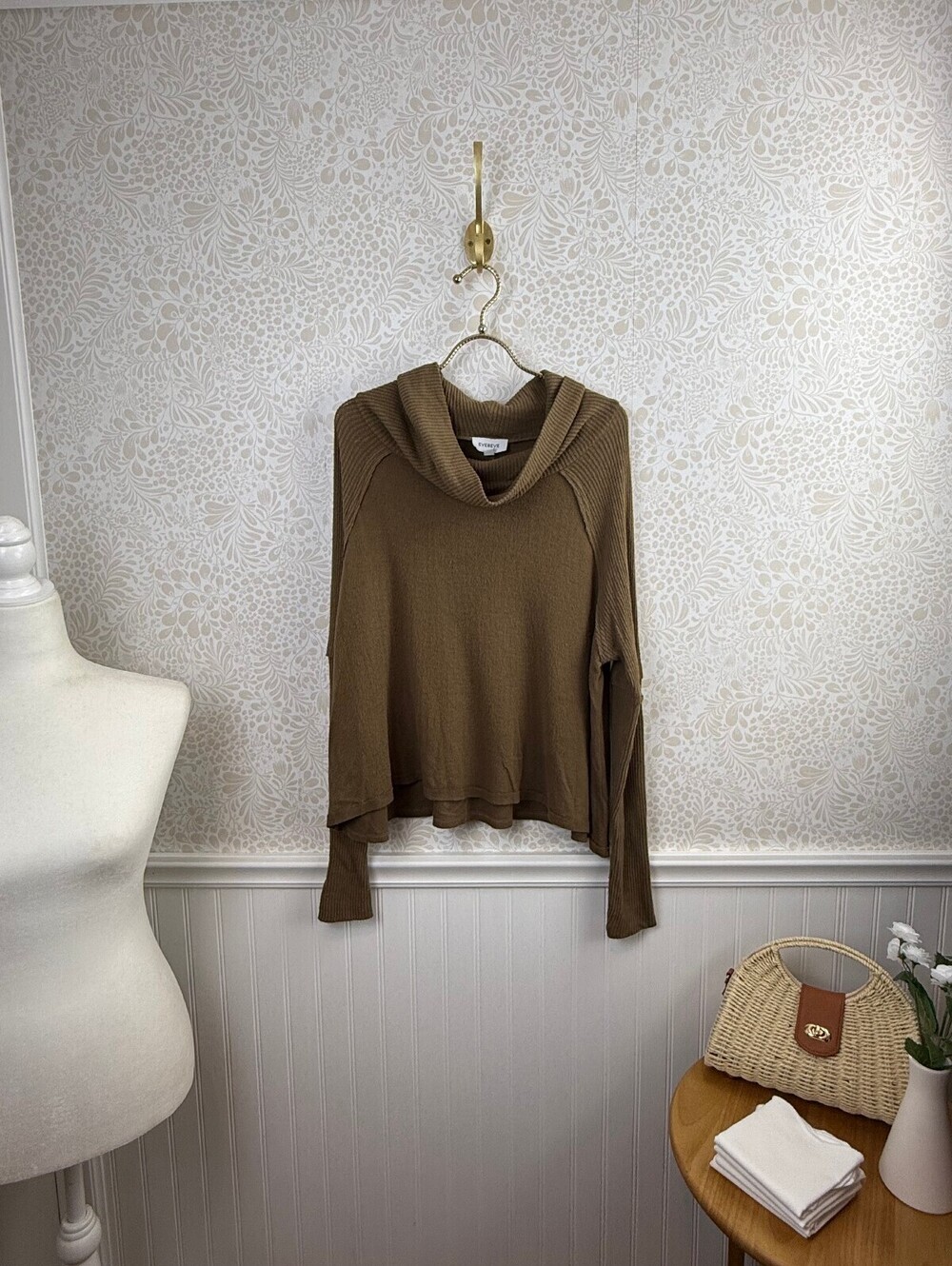 Evereve Brown Green Ribbed Cowlneck Thermal Drape Top - Size - Small